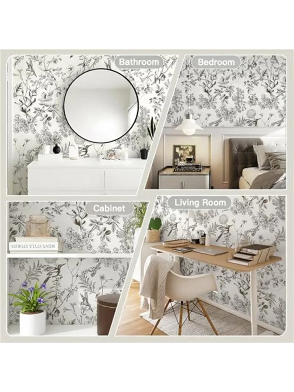 Floral Bird Wallpaper Peel and Stick Removable Self Adhesive Contact Paper Black